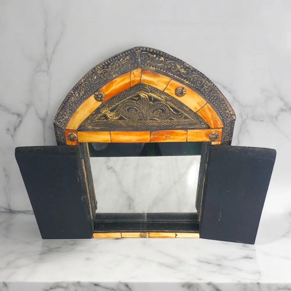 Exotic Handmade Wall Mirror Hidden Behind Closed Doors Camel Bone, Metal - 17